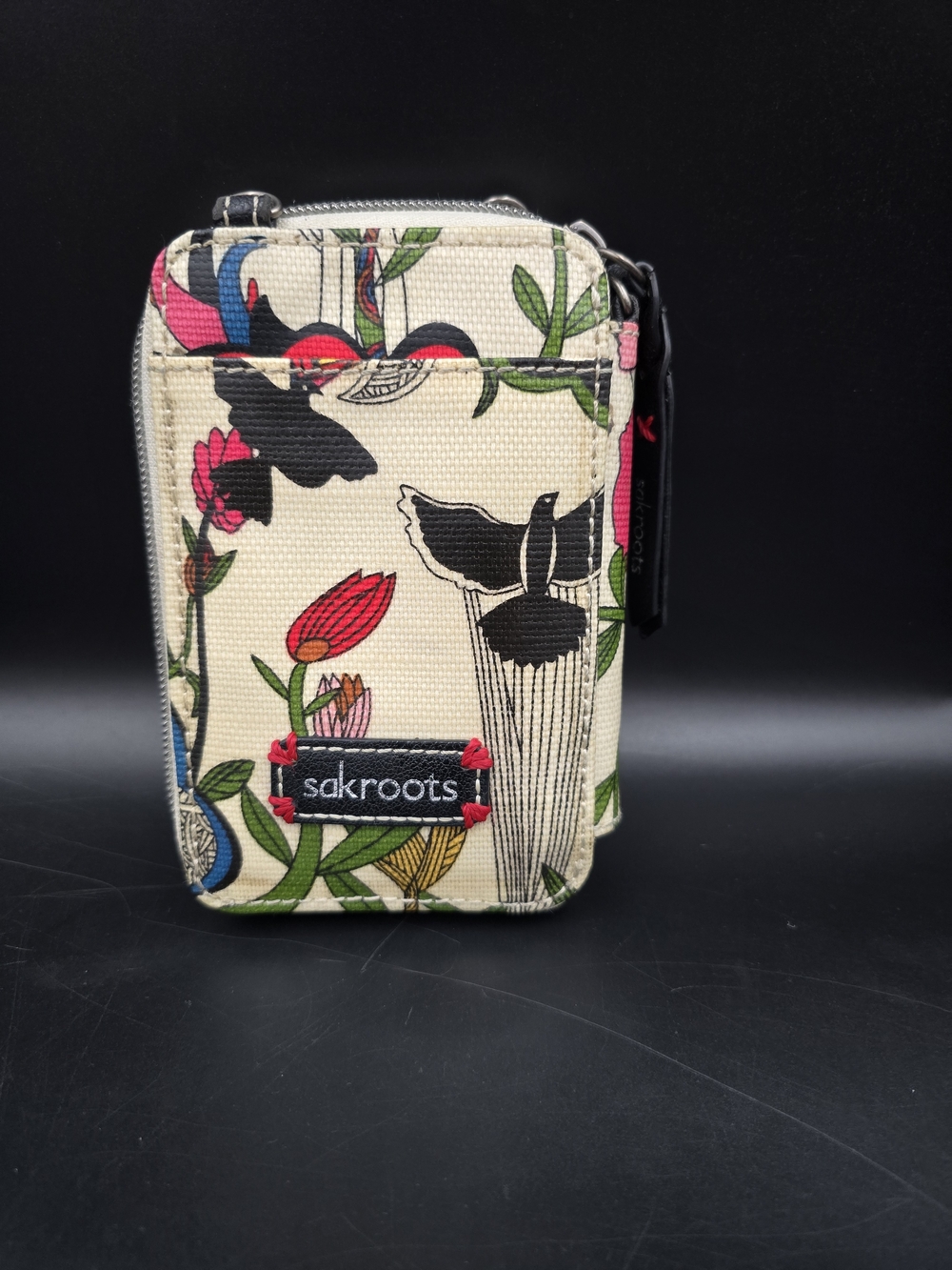 Sakroots Cream Floral Bird Canvas Crossbody Wallet